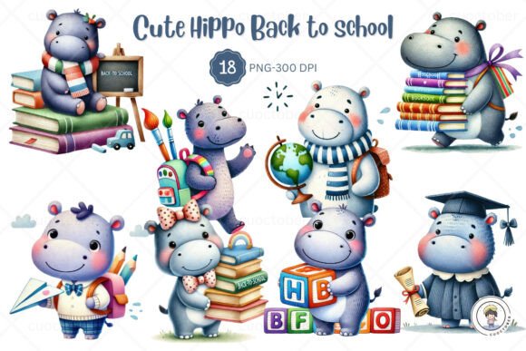 Watercolor Cute Hippo Back to School Design